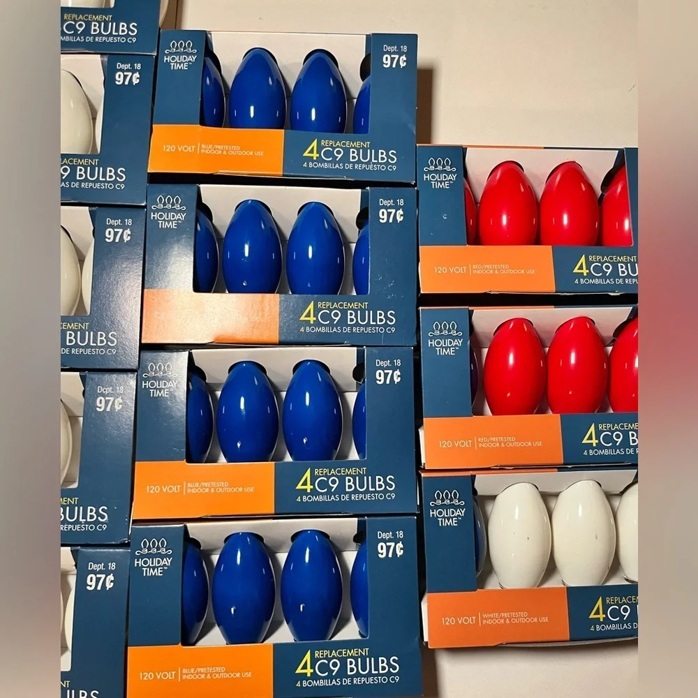 Lot of 12 Holiday Time C9 Replacement Bulbs Red White Blue NOS